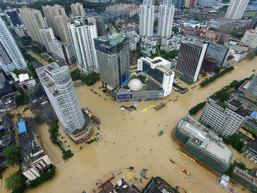 An aerial view shows flooded intersections following the landfall of Typhoon Megi in Fuzhou in southeastern China's Fujian Province