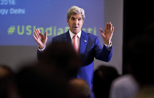 U.S. Secretary of State John Kerry greets students at Indian Institute of Technology (IIT) in New Delhi