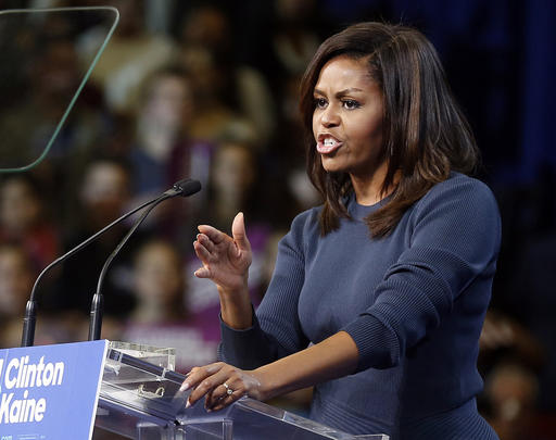 First lady Michelle Obama speaks during a campaign rally for Democratic presidential candidate Hillary Clinton Thursday