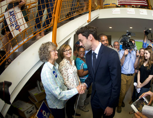 Democratic candidate for Georgia's Sixth Congressional seat Jon Ossoff greets supporters at a campaign field office Tuesday