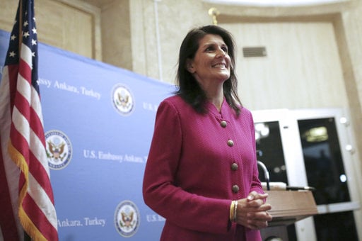 U.S. Ambassador to the U.N. Nikki Haley speaks to the staff at the U.S. embassy in Ankara