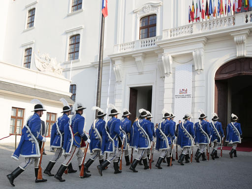 Palace Guards arrive for an EU summit at Bratislava Castle in Bratislava on Friday