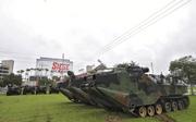 National Guard amphibious vehicles stage at Raymond James Stadium Sunday