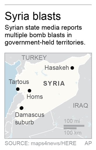 Map locates blasts at various Syrian cities; 1c x 2 1/2 inches; 46.5 mm x 63 mm;
