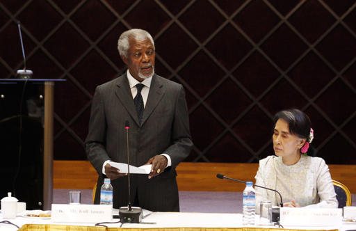 Former U.N. Secretary-General Kofi Annan speaks as Myanmar Foreign Minister Aung San Suu Kyi