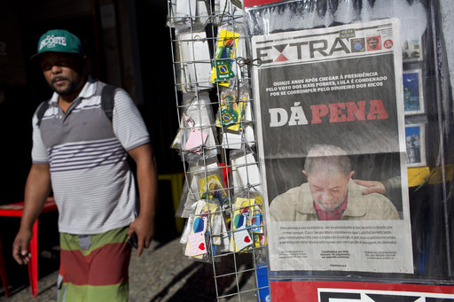 A newspaper headlines the Brazil's former President Luiz Inacio Lula da Silva's conviction in Rio de Janeiro