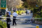 Bicycles and debris lay on a bike path after a motorist drove onto the path near the World Trade Center memorial