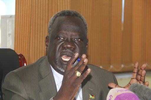The  South African Minister of Health Dr Riek Gai Kok speaks  during a press conference in Juba