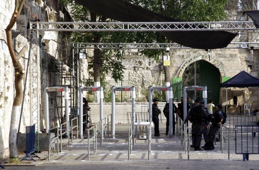 Israeli police officers are seen outside the Al Aqsa Mosque compound in Jerusalem's Old City