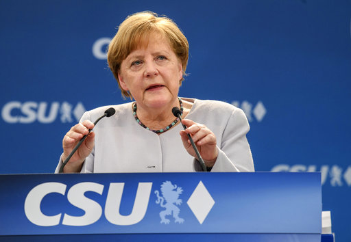 German Chancellor Angela Merkel delivers a speech during an election campaign of her Christian Democratic Union