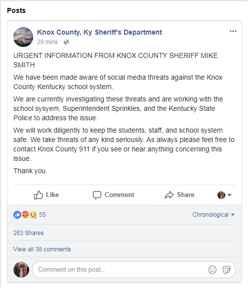 Knox Co. Sheriff's Dept. confirms it is investigating school threat
