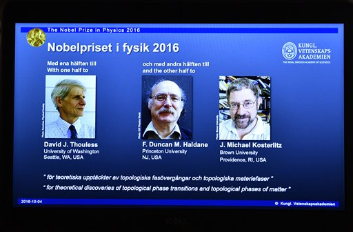 A overhead projector displays the photos of the winners of the Nobel Prize in physics