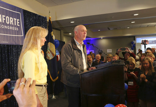 Republican Greg Gianforte addresses supporters at a hotel ballroom after winning Montana's sole congressional seat