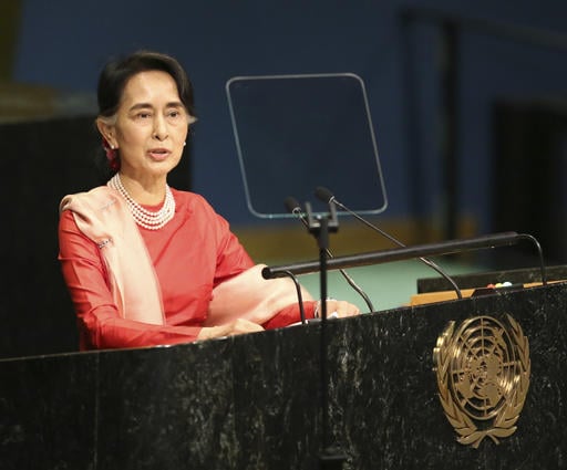 Myanmar leader Aung San Suu Kyi speaks during the 71st session of the United Nations General Assembly at U.N. headquarters