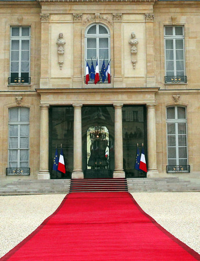 The red carpet is set up prior to the takeover ceremony between outgoing President Francois Hollande and President-elect Emmanuel Macron