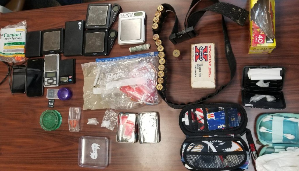 Drugs and other items seized during drug investigation in Laurel County 11-29-17.  Seven people arrested.