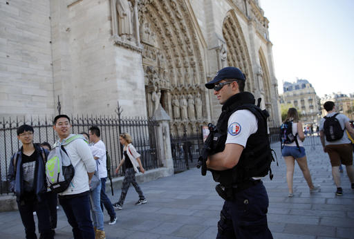 A French police officer patrols in front of Notre Dame cathedral