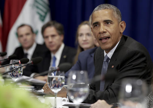 President Barack Obama speaks during a bilateral meeting with Iraqi Prime Minister Haider al-Abadi at the Lotte New York Palace Hotel in New York