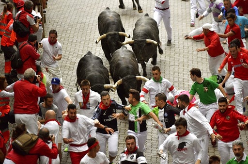 Revellers run in front of Miura's fighting bulls during the running of the bulls at the San Fermin Festival