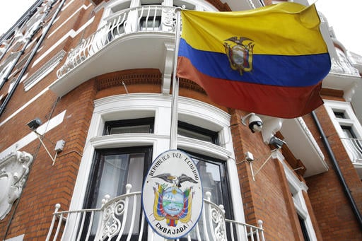 The Ecuadorian national flag flies outside their London Embassy