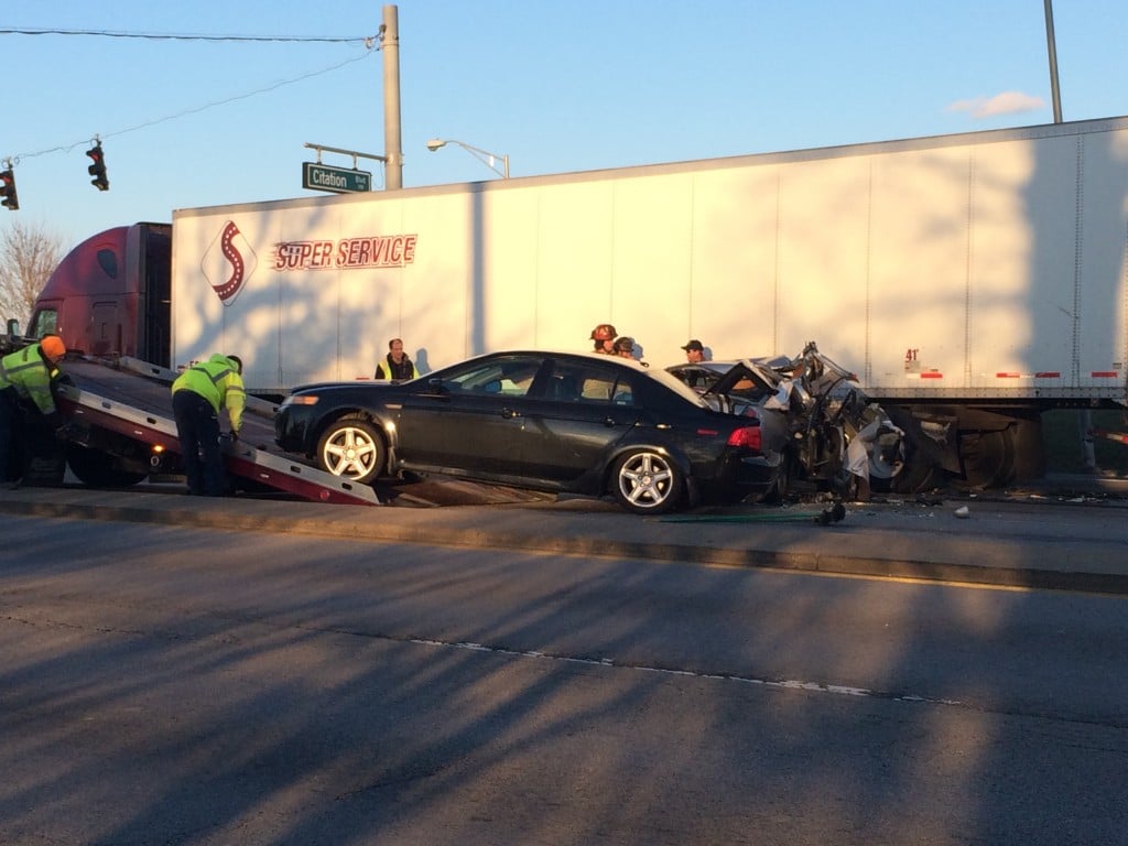 Three cars and semi in collision at Newtown Pike and Citation Boulevard in Lexington on 3-15-17.  Lexington Police say car driver who cause wreck may have been DUI