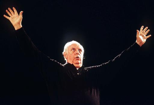 FILE - This undated file photo shows Italian playwright and actor Dario Fo on the stage in a theater in Milan