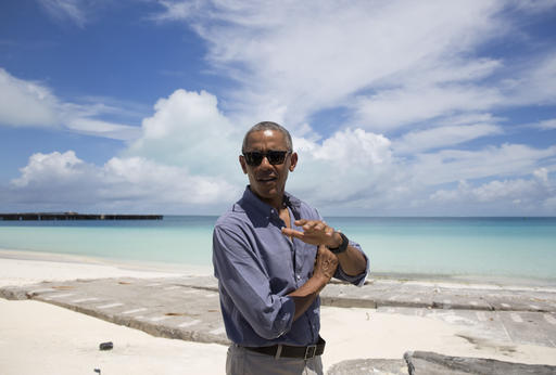 President Barack Obama speaks to media as he tours on Midway Atoll in the Papahanaumokuakea Marine National Monument