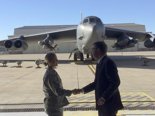 Defense Secretary Ash Carter greets airmen at Minot Air Force Base