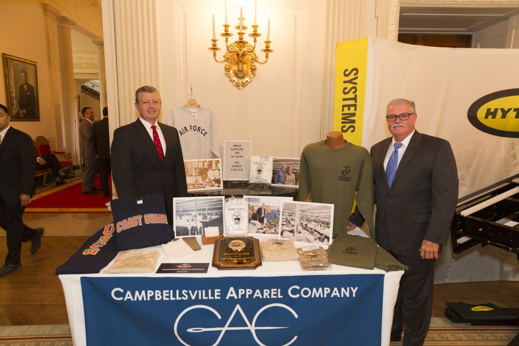 Campbellsville Apparel Company featured in East Room of The White House as part of "Made-in-America" week 7-17-17.  Picture features Chris Reynolds and George Wise.