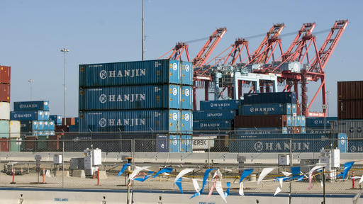 South Korea's Hanjin Shipping Co. containers are seen in the Port of Long Beach