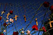 Crosses and flowers hang on a fence near Majority Stoneman Douglas High School