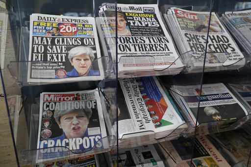 Newspapers fronted with photos of British Prime Minister Theresa May and others are displayed at a shop in Westminster in London