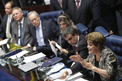 Brazil's suspended President Dilma Rousseff speaks at her own impeachment trial