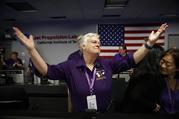 Flight director Julie Webster reacts in mission control at NASA's Jet Propulsion Laboratory after confirmation of Cassini's demise Friday
