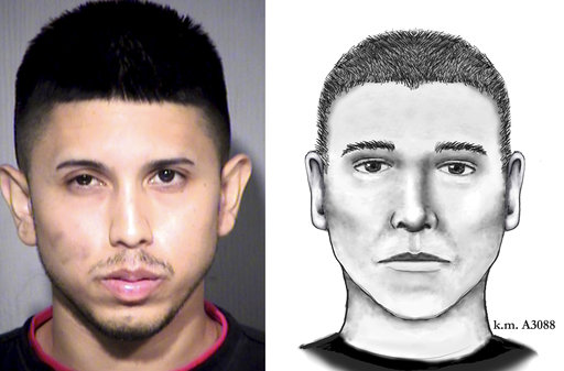 This photo and sketch combo shows an undated photo provided by the Maricopa County Sheriff's Office of Aaron Saucedo