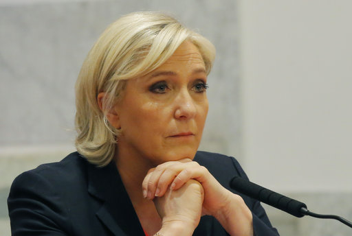 Far-right candidate for the 2017 French presidential election Marine Le Pen attend with Nicolas Dupont-Aignan a media conference in Paris