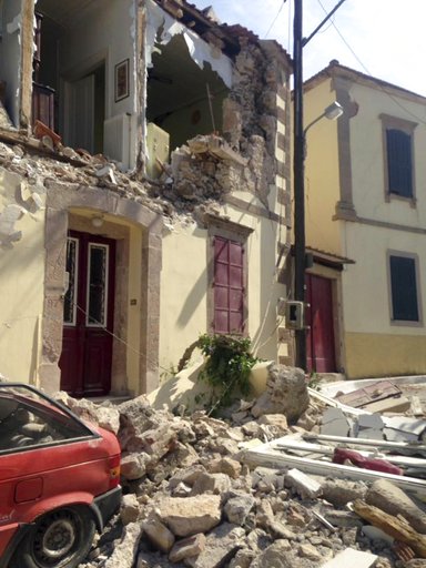 Damage to a building caused by an earthquake in the village of Vrissa on the northeastern Greek island of Lesbos