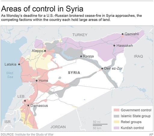 Map shows areas of control in Syria; 3c x 4 1/4 inches; 146 mm x 107 mm;