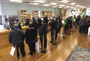 Customers line up inside the Harborside cannabis dispensary Thursday