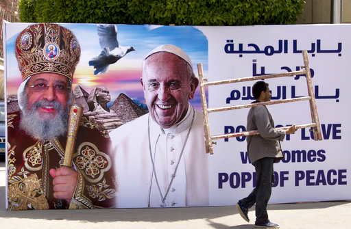A billboard with a picture of Egyptian Coptic Pope Tawadros II