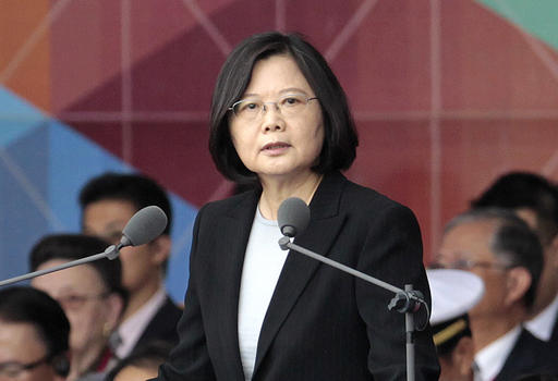 Taiwan's President Tsai Ing-wen delivers a speech during National Day celebrations in front of the Presidential Building in Taipei