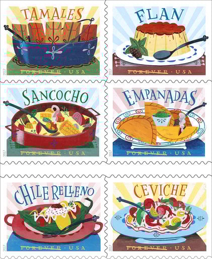 In this undated image provided by U.S. Postal Service shows six new stamps that The U.S. Postal Service is releasing. The tiny works of art are dedicated to the influence of Mexican