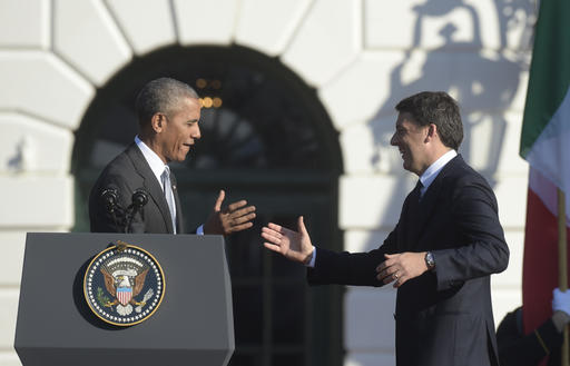 President Barack Obama welcomes Italian Prime Minister Matteo Renzi during a ceremony on the South Lawn of the White House in Washington