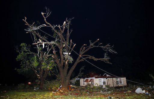 A home missing it's roof and trees that have been stripped bare are seen along State Highway 80 in Fruitvale