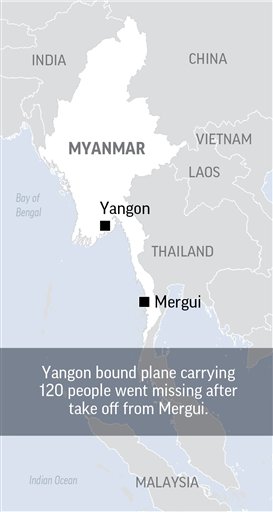 Map locates departing and intended destination city of a missing military transport plane in Myanmar; 1c x 3 inches; 46.5 mm x 76 mm;