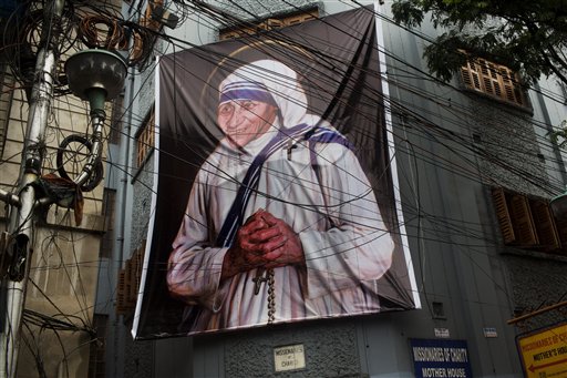 A giant picture of Mother Teresa is displayed outside the Missionaries of Charity Mother house in Kolkata