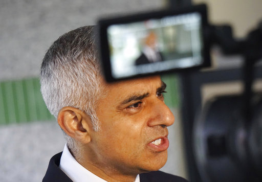 Mayor of London Sadiq Khan speaks to reporters at the London Ambulance Service headquarters at Waterloo