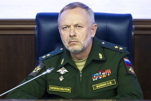 Deputy Defense Minister Alexander Fomin attends a briefing in the Defense Ministry in Moscow