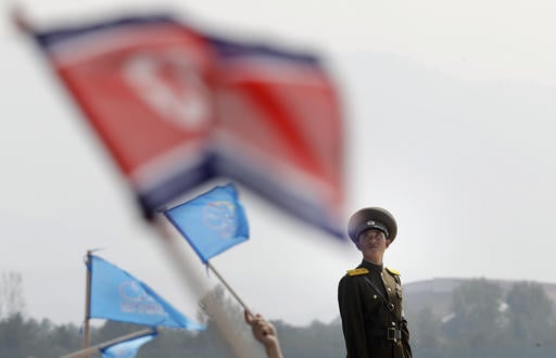 A North Korean military soldier stands guard as North Koreans wave flags and cheer during an aerial display on Saturday