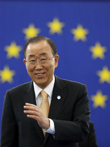 UN Secretary General Ban Ki-moon gestures before addressing members of the European Parliament in Strasbourg
